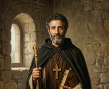 Pintura a óleo em estilo clássico de Santo Isidoro de Quios. O santo é representado como um homem de meia-idade, com barba grisalha e expressão serena, vestindo um hábito marrom e um manto verde escuro com capuz. Ele segura um cajado dourado em uma mão e um livro sagrado na outra. O cenário é uma cela rústica de pedra com uma pequena janela ao fundo, e a obra está emoldurada em madeira escura com uma placa de identificação na base
