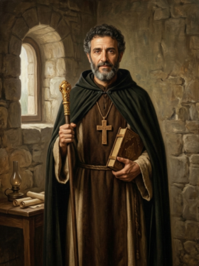 Pintura a óleo em estilo clássico de Santo Isidoro de Quios. O santo é representado como um homem de meia-idade, com barba grisalha e expressão serena, vestindo um hábito marrom e um manto verde escuro com capuz. Ele segura um cajado dourado em uma mão e um livro sagrado na outra. O cenário é uma cela rústica de pedra com uma pequena janela ao fundo, e a obra está emoldurada em madeira escura com uma placa de identificação na base