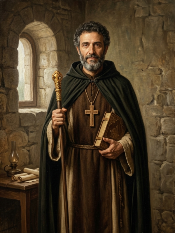 Pintura a óleo em estilo clássico de Santo Isidoro de Quios. O santo é representado como um homem de meia-idade, com barba grisalha e expressão serena, vestindo um hábito marrom e um manto verde escuro com capuz. Ele segura um cajado dourado em uma mão e um livro sagrado na outra. O cenário é uma cela rústica de pedra com uma pequena janela ao fundo, e a obra está emoldurada em madeira escura com uma placa de identificação na base