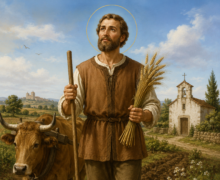Ilustração religiosa de Santo Isidoro Lavrador em um campo agrícola, segurando feixes de trigo e um cajado, ao lado de um boi arando a terra, com uma pequena capela ao fundo sob céu azul iluminado