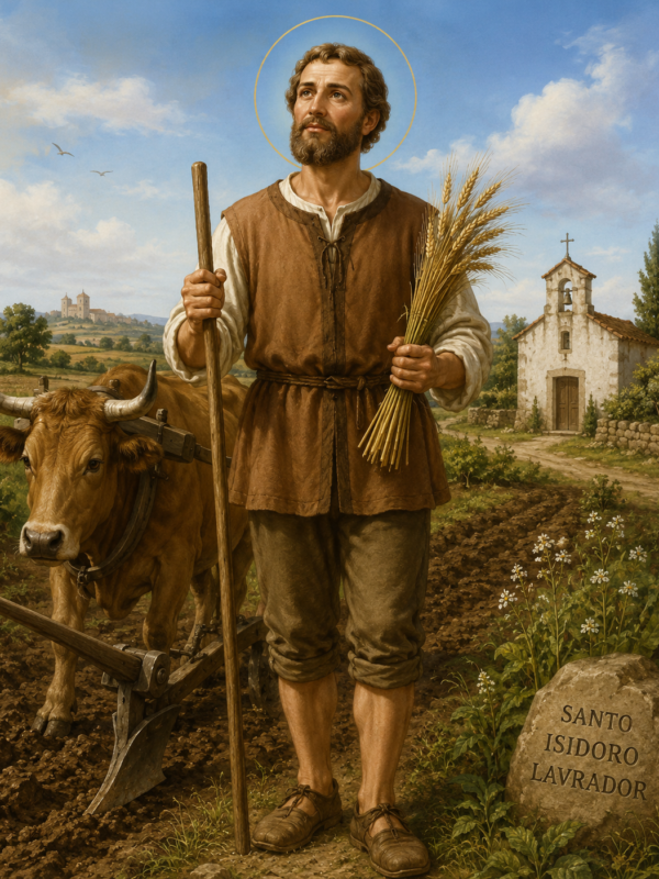 Ilustração religiosa de Santo Isidoro Lavrador em um campo agrícola, segurando feixes de trigo e um cajado, ao lado de um boi arando a terra, com uma pequena capela ao fundo sob céu azul iluminado