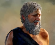 Pintura digital de Jó, representado como um homem idoso de pele clara, com cabelos e barba longa e grisalhos. Ele veste uma túnica rústica de tecido escuro e áspero que deixa um ombro à mostra. Sua pele apresenta marcas de feridas e manchas avermelhadas. Ele olha para o lado com uma expressão serena e um leve sorriso resiliente, sob uma iluminação suave em tons de dourado e terra ao fundo