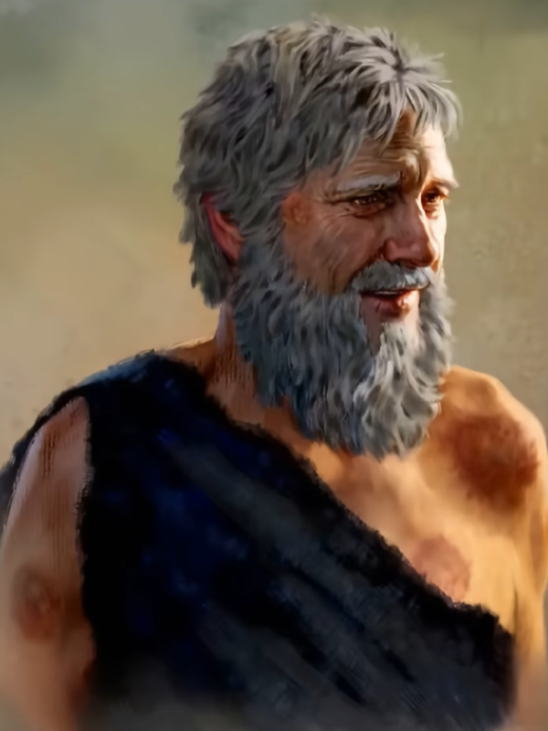 Pintura digital de Jó, representado como um homem idoso de pele clara, com cabelos e barba longa e grisalhos. Ele veste uma túnica rústica de tecido escuro e áspero que deixa um ombro à mostra. Sua pele apresenta marcas de feridas e manchas avermelhadas. Ele olha para o lado com uma expressão serena e um leve sorriso resiliente, sob uma iluminação suave em tons de dourado e terra ao fundo