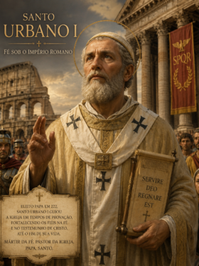 Imagem artística de Santo Urbano I vestido com trajes papais antigos, segurando um pergaminho e erguendo a mão em bênção diante de monumentos da Roma Antiga, incluindo o Coliseu e colunas romanas. Ao fundo, soldados e cidadãos romanos observam a cena, simbolizando a fé cristã sob o Império Romano. A composição possui tons dourados, iluminação dramática e estilo realista inspirado em pinturas sacras históricas