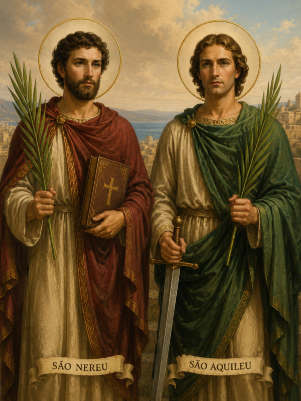 Ilustração religiosa clássica dos Santos Nereu e Aquileu lado a lado, ambos com auréolas douradas e vestes longas em tons vermelho e verde. São Nereu segura um ramo de palmeira e um livro com cruz dourada, enquanto São Aquileu segura uma espada e um ramo de palmeira, símbolos do martírio cristão. Ao fundo, há uma paisagem antiga com construções de pedra, montanhas e céu iluminado em tons dourados, transmitindo um clima solene e sagrado