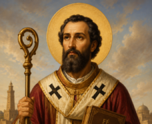 Ilustração religiosa de São Adrião de Alexandria em estilo clássico bizantino, retratado como bispo com vestes litúrgicas vermelhas e douradas, segurando um báculo e um livro ornamentado, com auréola dourada ao fundo e a cidade de Alexandria ao horizonte sob luz suave