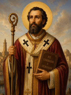 Ilustração religiosa de São Adrião de Alexandria em estilo clássico bizantino, retratado como bispo com vestes litúrgicas vermelhas e douradas, segurando um báculo e um livro ornamentado, com auréola dourada ao fundo e a cidade de Alexandria ao horizonte sob luz suave