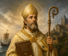 Imagem religiosa de São Agostinho de Cantuária em estilo realista, usando vestes episcopais douradas, segurando um cajado e um livro sagrado, com halo iluminado ao redor da cabeça. Ao fundo, aparecem o mar, um navio medieval e uma catedral inglesa, representando sua missão cristã na Inglaterra