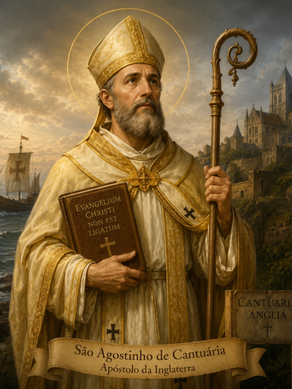 Imagem religiosa de São Agostinho de Cantuária em estilo realista, usando vestes episcopais douradas, segurando um cajado e um livro sagrado, com halo iluminado ao redor da cabeça. Ao fundo, aparecem o mar, um navio medieval e uma catedral inglesa, representando sua missão cristã na Inglaterra
