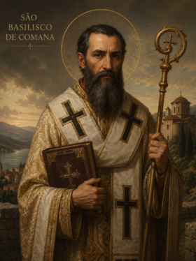 Imagem de São Basilisco de Comana em estilo realista sacro, retratando o santo com barba longa e halo dourado, vestindo ricas vestes episcopais brancas e douradas, segurando um báculo ornamentado e um livro sagrado, diante de uma paisagem montanhosa com igreja ao fundo sob céu iluminado ao entardecer