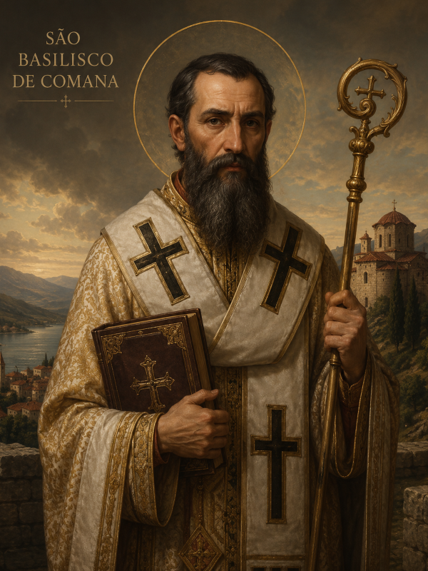 Imagem de São Basilisco de Comana em estilo realista sacro, retratando o santo com barba longa e halo dourado, vestindo ricas vestes episcopais brancas e douradas, segurando um báculo ornamentado e um livro sagrado, diante de uma paisagem montanhosa com igreja ao fundo sob céu iluminado ao entardecer