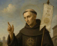 Ilustração religiosa de São Bernardino de Sena vestindo hábito franciscano escuro, com auréola dourada, segurando um estandarte com o símbolo “IHS”, ao lado de um livro aberto e lírios brancos, em cenário clássico inspirado na arte sacra renascentista