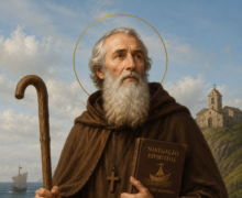 Ilustração devocional de São Brandão, monge idoso de barba branca e auréola dourada, vestindo hábito marrom e segurando um cajado e um livro, diante de um cenário marítimo com ondas, navio e igreja sobre penhasco ao fundo