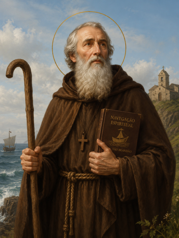Ilustração devocional de São Brandão, monge idoso de barba branca e auréola dourada, vestindo hábito marrom e segurando um cajado e um livro, diante de um cenário marítimo com ondas, navio e igreja sobre penhasco ao fundo