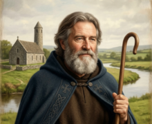 Pintura em estilo clássico de São Cartago (Mochuda). O santo veste um hábito marrom e um manto azul com bordados celtas. Ele está posicionado atrás de uma mesa com dois grandes livros antigos. Ao fundo, a paisagem irlandesa de Lismore exibe uma igreja de pedra com torre redonda e um rio sinuoso sob um céu nublado
