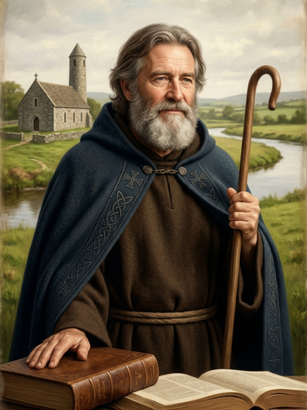 Pintura em estilo clássico de São Cartago (Mochuda). O santo veste um hábito marrom e um manto azul com bordados celtas. Ele está posicionado atrás de uma mesa com dois grandes livros antigos. Ao fundo, a paisagem irlandesa de Lismore exibe uma igreja de pedra com torre redonda e um rio sinuoso sob um céu nublado