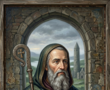 Retrato artístico de São Comgall de Bangor em estilo de pintura clássica. Ele é representado como um homem idoso de barba longa e grisalha, vestindo trajes monásticos em tons de verde escuro e marrom, com detalhes em nós celtas. O santo segura um cajado de abade em uma das mãos e um livro sagrado na outra. Ele está posicionado sob um arco de pedra que revela, ao fundo, uma paisagem irlandesa com uma torre redonda medieval e ruínas sob um céu nublado. Na base da imagem, há uma inscrição em estilo gótico onde se lê "São Comgall de Bangor