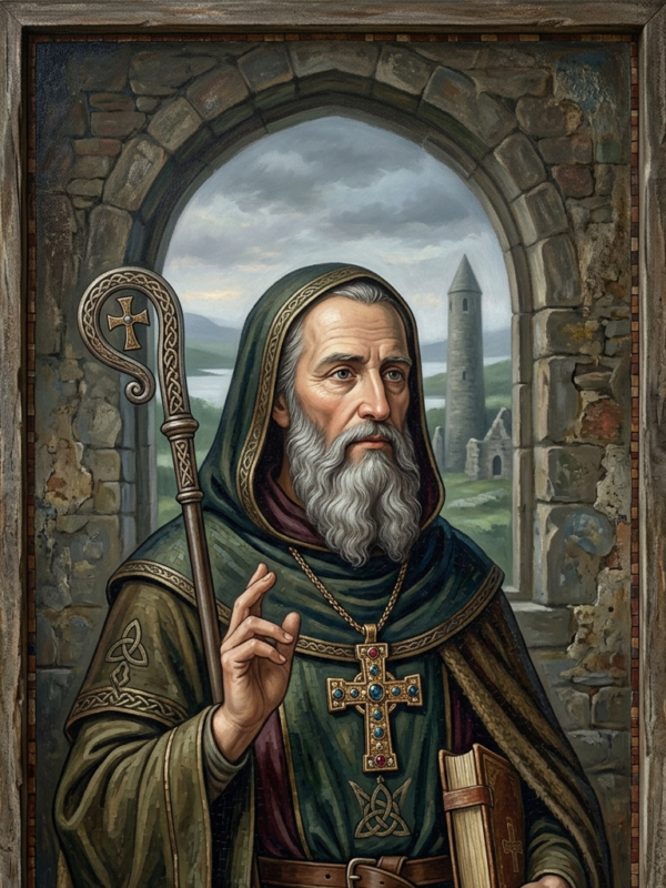 Retrato artístico de São Comgall de Bangor em estilo de pintura clássica. Ele é representado como um homem idoso de barba longa e grisalha, vestindo trajes monásticos em tons de verde escuro e marrom, com detalhes em nós celtas. O santo segura um cajado de abade em uma das mãos e um livro sagrado na outra. Ele está posicionado sob um arco de pedra que revela, ao fundo, uma paisagem irlandesa com uma torre redonda medieval e ruínas sob um céu nublado. Na base da imagem, há uma inscrição em estilo gótico onde se lê "São Comgall de Bangor
