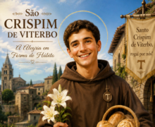Ilustração devocional de São Crispim de Viterbo sorrindo em uma vila italiana ao entardecer, vestindo hábito marrom franciscano e segurando flores brancas e uma cesta de pães. Ao fundo aparecem construções de pedra, uma igreja e faixas com mensagens religiosas, transmitindo alegria, humildade e espírito de serviço cristão