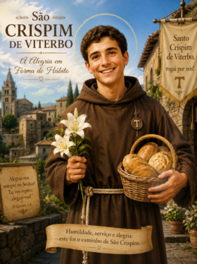 Ilustração devocional de São Crispim de Viterbo sorrindo em uma vila italiana ao entardecer, vestindo hábito marrom franciscano e segurando flores brancas e uma cesta de pães. Ao fundo aparecem construções de pedra, uma igreja e faixas com mensagens religiosas, transmitindo alegria, humildade e espírito de serviço cristão