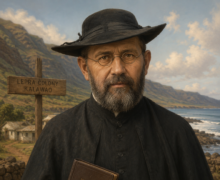 Imagem artística de São Damião de Molokai em estilo realista, retratado como um sacerdote católico com barba, óculos e chapéu preto, segurando um livro religioso diante da colônia de leprosos de Kalawao, no Havaí. Ao fundo aparecem o mar, montanhas e pequenas casas simples, simbolizando sua missão de cuidado e dedicação aos doentes