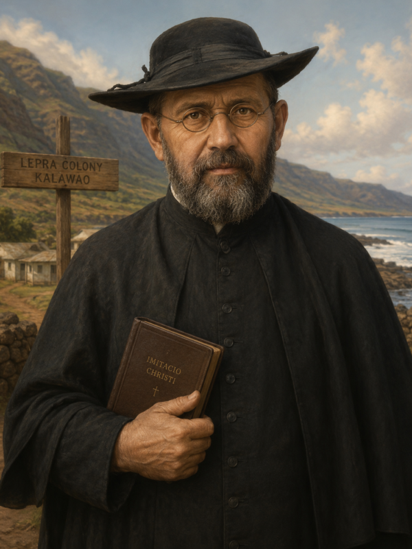 Imagem artística de São Damião de Molokai em estilo realista, retratado como um sacerdote católico com barba, óculos e chapéu preto, segurando um livro religioso diante da colônia de leprosos de Kalawao, no Havaí. Ao fundo aparecem o mar, montanhas e pequenas casas simples, simbolizando sua missão de cuidado e dedicação aos doentes