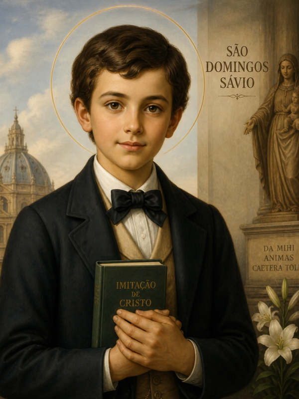 Retrato devocional de São Domingos Sávio ainda jovem, com expressão serena e olhar suave, vestindo traje formal antigo com gravata borboleta. Ele segura um livro religioso intitulado “Imitação de Cristo” junto ao peito. Ao fundo, há uma cúpula de igreja e uma estátua da Virgem Maria com o Menino Jesus. Um halo luminoso circunda sua cabeça, e lírios brancos aparecem ao lado, simbolizando pureza. A imagem transmite paz, fé e inocência