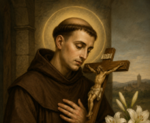 Imagem religiosa de São Félix de Cantalice vestindo hábito franciscano marrom, segurando um crucifixo de madeira junto ao peito, com expressão serena e halo dourado ao redor da cabeça. Ao lado, há lírios brancos e um livro sobre uma mesa de pedra, em cenário de capela antiga iluminada por luz suave
