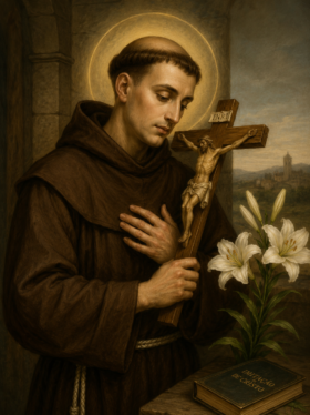 Imagem religiosa de São Félix de Cantalice vestindo hábito franciscano marrom, segurando um crucifixo de madeira junto ao peito, com expressão serena e halo dourado ao redor da cabeça. Ao lado, há lírios brancos e um livro sobre uma mesa de pedra, em cenário de capela antiga iluminada por luz suave