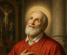 Imagem de São Filipe Neri em estilo clássico religioso, retratado como um sacerdote idoso de barba branca e expressão serena, olhando para o alto com devoção. Ele veste uma túnica vermelha com detalhes dourados, segura um livro religioso com a inscrição “In Omnibus Glorificetur Deus” e mantém a outra mão sobre o peito. Ao fundo, há um ambiente de igreja com colunas e uma pintura da crucificação de Jesus, iluminado por uma luz suave que destaca sua santidade