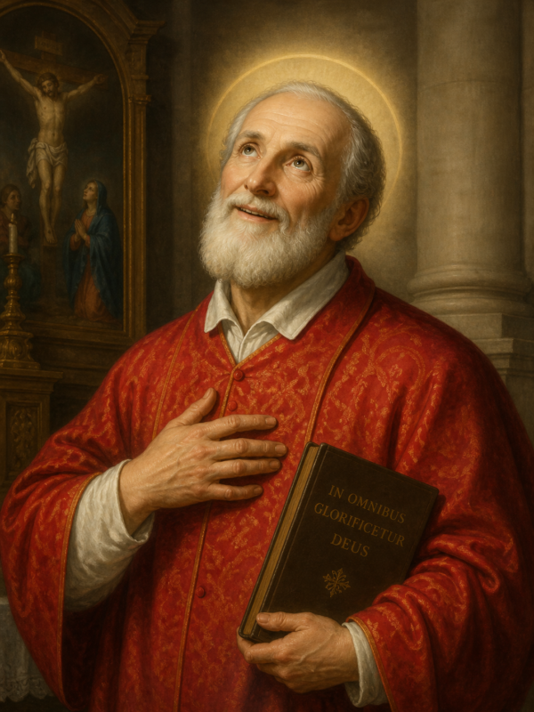 Imagem de São Filipe Neri em estilo clássico religioso, retratado como um sacerdote idoso de barba branca e expressão serena, olhando para o alto com devoção. Ele veste uma túnica vermelha com detalhes dourados, segura um livro religioso com a inscrição “In Omnibus Glorificetur Deus” e mantém a outra mão sobre o peito. Ao fundo, há um ambiente de igreja com colunas e uma pintura da crucificação de Jesus, iluminado por uma luz suave que destaca sua santidade