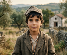 Retrato de um menino representando São Francisco Marto, um dos pastores de Fátima. Ele veste roupas humildes de camponês do início do século XX, incluindo um casaco de lã rústico e um barrete tradicional. O menino segura um terço de madeira entre as mãos postas e olha serenamente para a frente. Ao fundo, uma paisagem rural de Portugal com oliveiras e uma pequena capela de pedra sob um céu suave