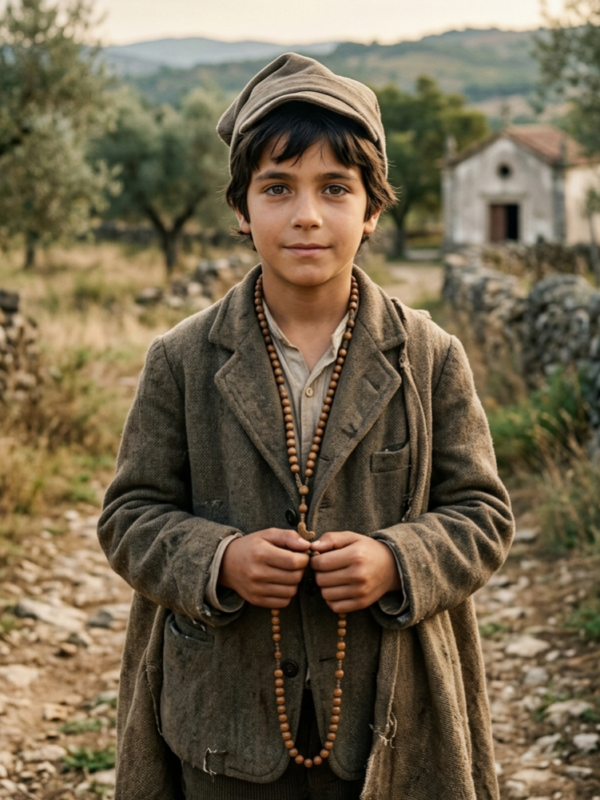 Retrato de um menino representando São Francisco Marto, um dos pastores de Fátima. Ele veste roupas humildes de camponês do início do século XX, incluindo um casaco de lã rústico e um barrete tradicional. O menino segura um terço de madeira entre as mãos postas e olha serenamente para a frente. Ao fundo, uma paisagem rural de Portugal com oliveiras e uma pequena capela de pedra sob um céu suave