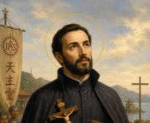 Ilustração religiosa de São Francisco Xavier com auréola, vestindo hábito escuro, segurando um crucifixo e um livro com a inscrição “Ad Majorem Dei Gloriam”, em cenário costeiro com montanhas, cruz ao fundo e pessoas locais ao redor, simbolizando sua missão evangelizadora na Ásia.