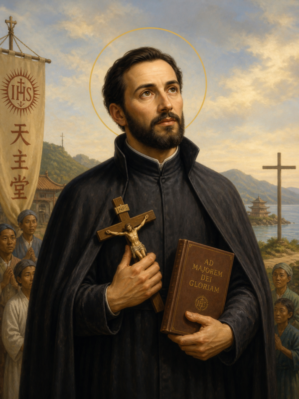 Ilustração religiosa de São Francisco Xavier com auréola, vestindo hábito escuro, segurando um crucifixo e um livro com a inscrição “Ad Majorem Dei Gloriam”, em cenário costeiro com montanhas, cruz ao fundo e pessoas locais ao redor, simbolizando sua missão evangelizadora na Ásia.