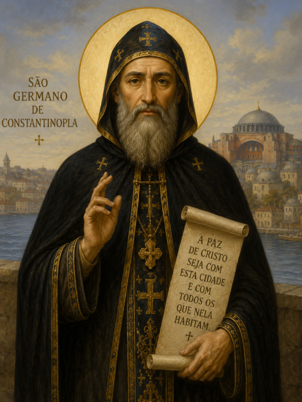 Ilustração religiosa de São Germano de Constantinopla em estilo de ícone bizantino, mostrando o santo idoso com barba grisalha e vestes escuras ornamentadas com detalhes dourados e cruzes. Ele segura um pergaminho com mensagem de paz cristã enquanto ergue a mão em gesto de bênção. Ao fundo aparece a cidade de Constantinopla com cúpulas e construções históricas às margens do mar, sob um céu suave e iluminado, com halo dourado ao redor da cabeça do santo