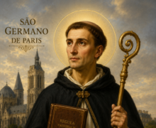 Retrato religioso clássico de São Germano de Paris com auréola dourada, vestes monásticas escuras e báculo episcopal nas mãos, segurando um livro antigo diante de uma catedral medieval ao fundo sob um céu iluminado em tons dourados.