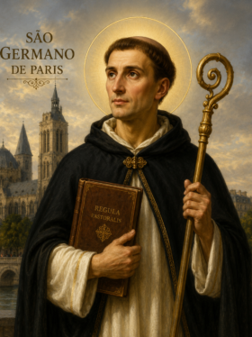 Retrato religioso clássico de São Germano de Paris com auréola dourada, vestes monásticas escuras e báculo episcopal nas mãos, segurando um livro antigo diante de uma catedral medieval ao fundo sob um céu iluminado em tons dourados.
