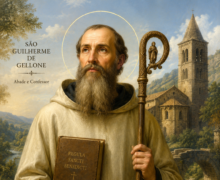 Retrato religioso de São Guilherme de Gellone em estilo realista medieval, vestindo hábito monástico claro, segurando um cajado de abade e um livro antigo, com auréola dourada ao redor da cabeça. Ao fundo, uma igreja românica de pedra, ponte medieval e paisagem montanhosa iluminada por luz suave, transmitindo paz e espiritualidade
