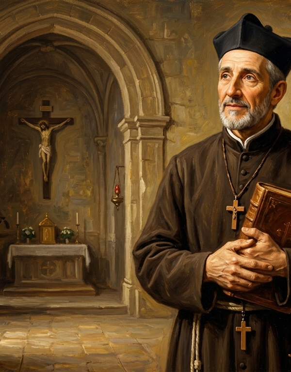 Pintura a óleo de São João de Ávila, retratado como um sacerdote de meia-idade com barba grisalha, vestindo batina preta e barrete. Ele segura um livro antigo contra o peito em uma sala de pedra rústica que lembra uma sacristia ou capela. Ao fundo, vê-se um altar com um crucifixo, uma mesa com livros e penas de escrita, e uma iluminação suave vinda de uma janela lateral