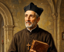 Pintura a óleo de São João de Ávila, retratado como um sacerdote de meia-idade com barba grisalha, vestindo batina preta e barrete. Ele segura um livro antigo contra o peito em uma sala de pedra rústica que lembra uma sacristia ou capela. Ao fundo, vê-se um altar com um crucifixo, uma mesa com livros e penas de escrita, e uma iluminação suave vinda de uma janela lateral