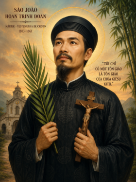 Retrato religioso de São João Hoan Trinh Doan segurando uma palma do martírio e um crucifixo, com vestes tradicionais vietnamitas escuras, auréola dourada ao redor da cabeça e uma igreja ao fundo em paisagem serena iluminada pelo pôr do sol.