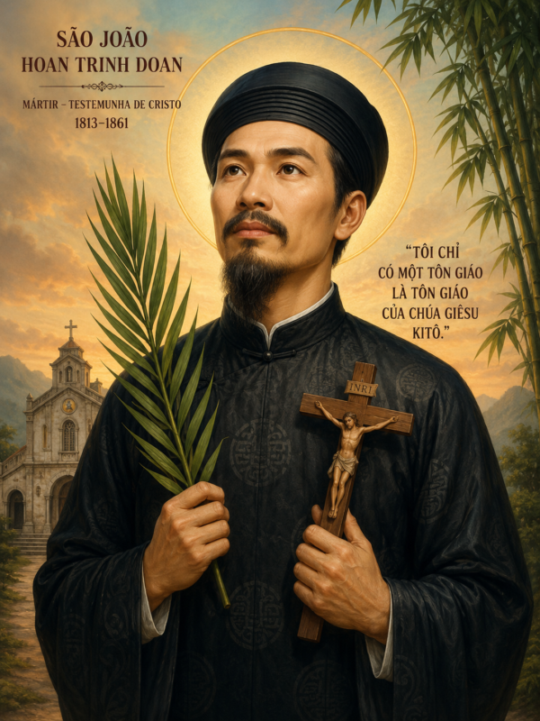 Retrato religioso de São João Hoan Trinh Doan segurando uma palma do martírio e um crucifixo, com vestes tradicionais vietnamitas escuras, auréola dourada ao redor da cabeça e uma igreja ao fundo em paisagem serena iluminada pelo pôr do sol.