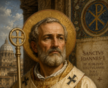 Retrato artístico de São João I, Papa eleito em 523 no século VI, usando vestes papais brancas e douradas, segurando um livro com a inscrição “Evangelium” e fazendo gesto de bênção, em cenário clássico inspirado na Roma cristã antiga