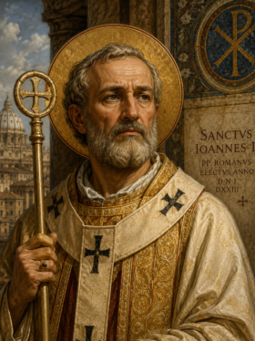 Retrato artístico de São João I, Papa eleito em 523 no século VI, usando vestes papais brancas e douradas, segurando um livro com a inscrição “Evangelium” e fazendo gesto de bênção, em cenário clássico inspirado na Roma cristã antiga