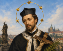 Ilustração religiosa de São João Nepomuceno vestindo trajes sacerdotais ornamentados em preto e branco, segurando um crucifixo e uma palma do martírio, com auréola de estrelas douradas. Ao fundo, ponte de pedra sobre o rio e paisagem histórica de Praga sob céu azul