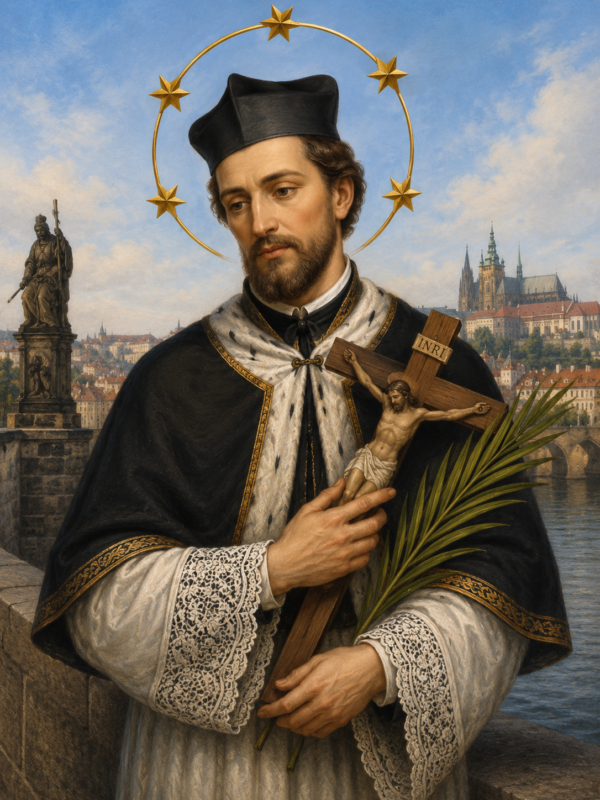 Ilustração religiosa de São João Nepomuceno vestindo trajes sacerdotais ornamentados em preto e branco, segurando um crucifixo e uma palma do martírio, com auréola de estrelas douradas. Ao fundo, ponte de pedra sobre o rio e paisagem histórica de Praga sob céu azul