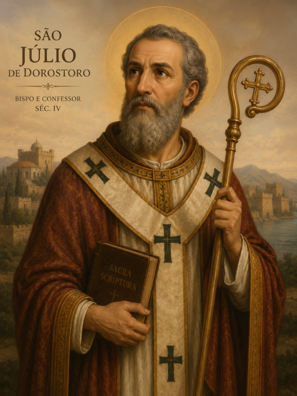 Retrato religioso de São Júlio de Dorostoro vestido com paramentos episcopais vermelhos e dourados, segurando um báculo e um livro sagrado, com auréola dourada ao fundo e paisagem antiga ao estilo bizantino ao redor