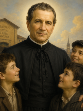 Imagem de São Leonardo Murialdo em estilo clássico e realista, vestido com batina preta sacerdotal, cercado por meninos sorridentes, simbolizando sua missão educativa e pastoral junto à juventude, com fundo iluminado e construção religiosa ao entardecer