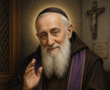 Retrato religioso de São Leopoldo Mandić, frade capuchinho idoso de barba branca longa, vestindo hábito marrom e estola roxa, segurando um rosário e levantando a mão em gesto de bênção dentro de um confessionário, com crucifixo na parede e iluminação suave ao fundo